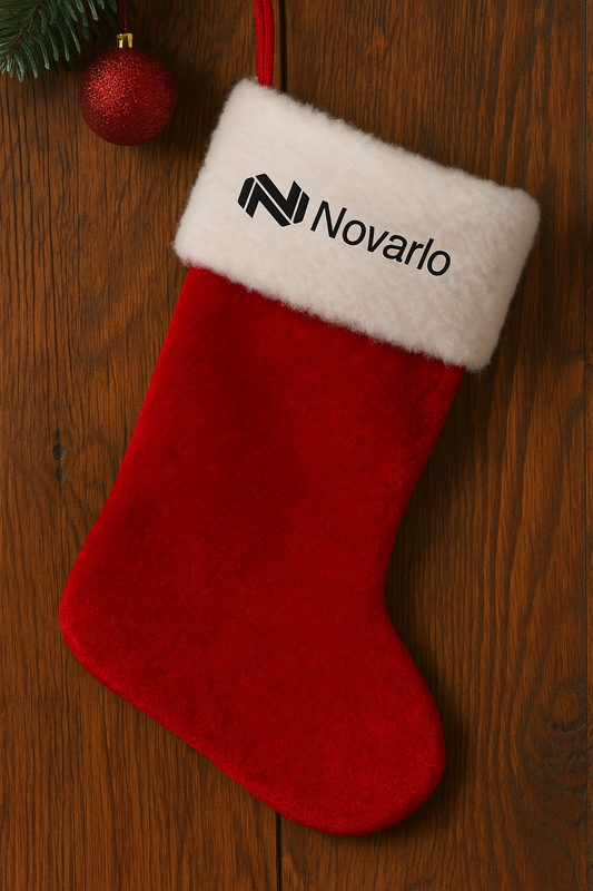 Novarlo logo and wordmark on Christmas stocking