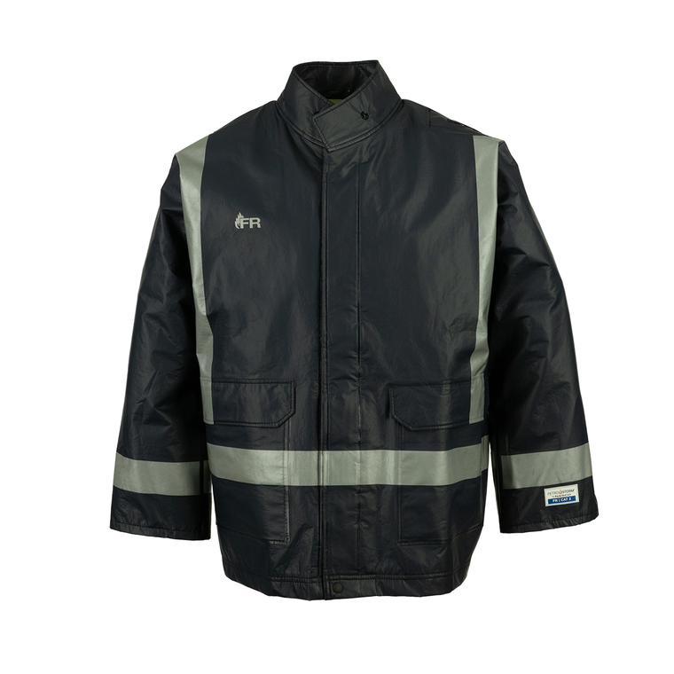 NASCO PetroStorm FR rain jacket with reflective trim and patch pockets in Navy, front view