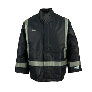 NASCO PetroStorm FR rain jacket with reflective trim and patch pockets in Navy, front view