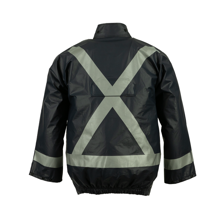 NASCO PetroStorm FR rain jacket with reflective trim and patch pockets in Navy, back view