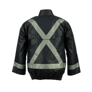 NASCO PetroStorm FR rain jacket with reflective trim and patch pockets in Navy, back view