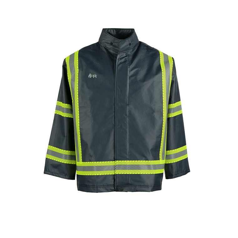 NASCO PetroStorm FR rain jacket with reflective triple trim in Navy, front view