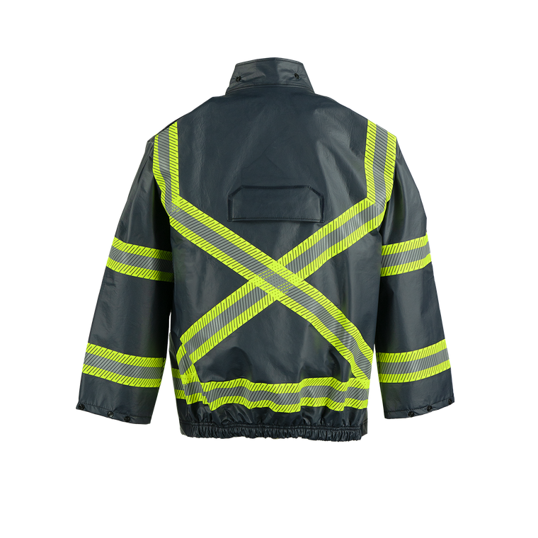 NASCO PetroStorm FR rain jacket with reflective triple trim in Navy, back view