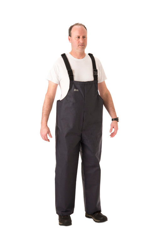 NASCO PetroStorm FR rain bib overalls with quick-release buckles in Navy, worn view