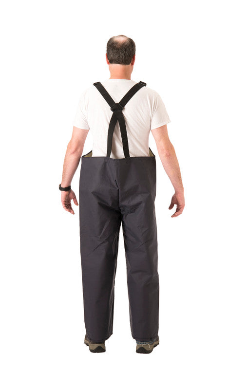 NASCO PetroStorm FR rain bib overalls with quick-release buckles in Navy, worn back view