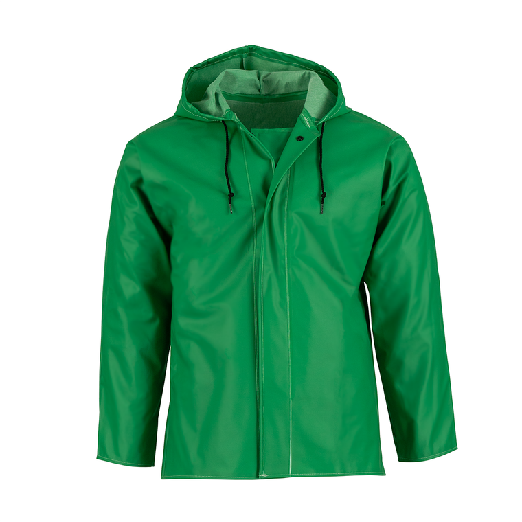 NASCO AcidBasic chemical splash rain jacket with attached hood in Green, front view