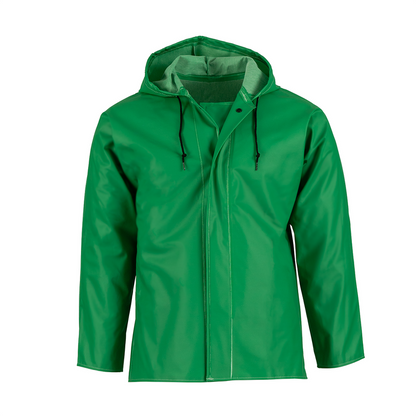 NASCO AcidBasic chemical splash rain jacket with attached hood in Green, front view