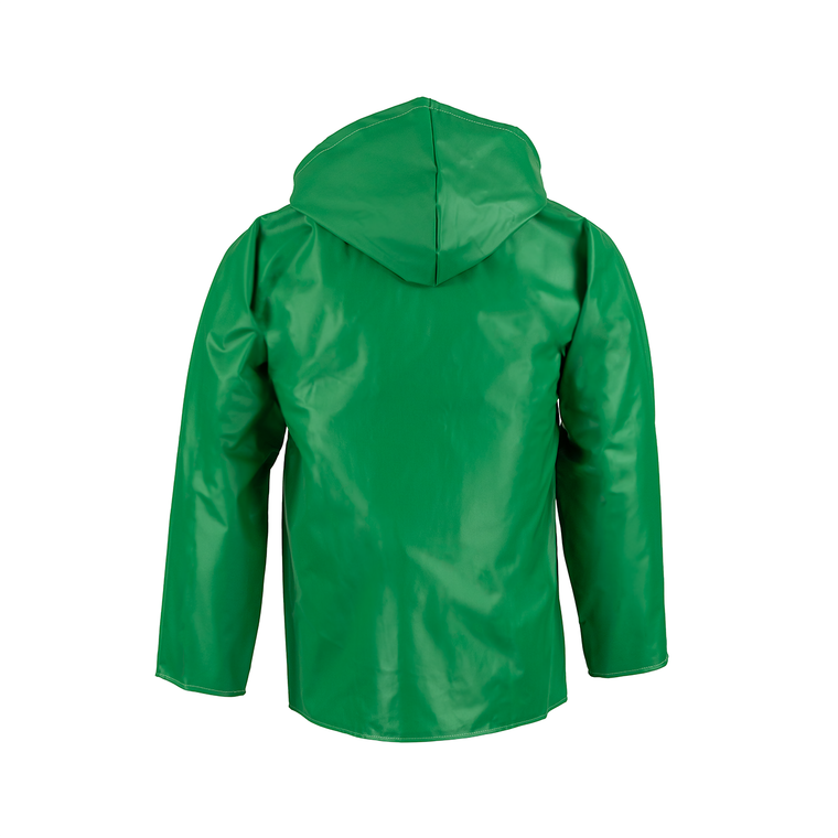 NASCO AcidBasic chemical splash rain jacket with attached hood in Green, back view