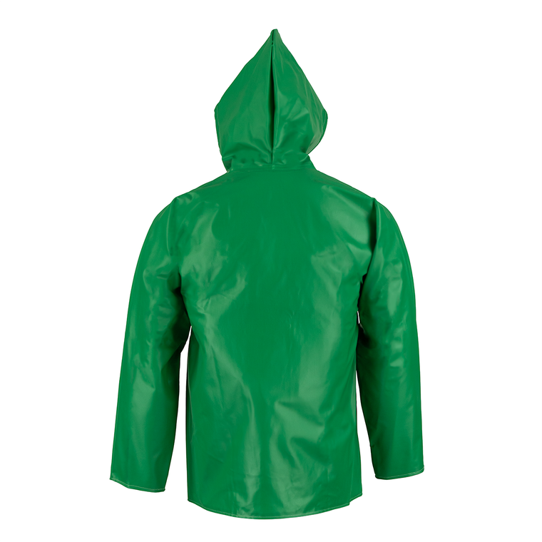 NASCO AcidBasic chemical splash rain jacket with attached hood in Green, alternate view