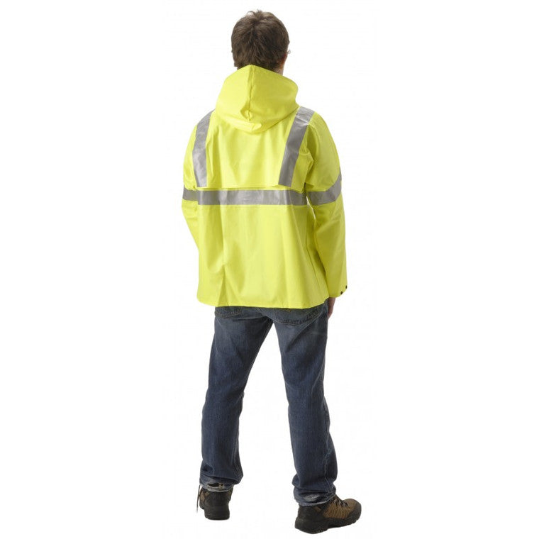 NASCO WorkChoice HiVis rain jacket with attached hood in Fluorescent Yellow, alternate view
