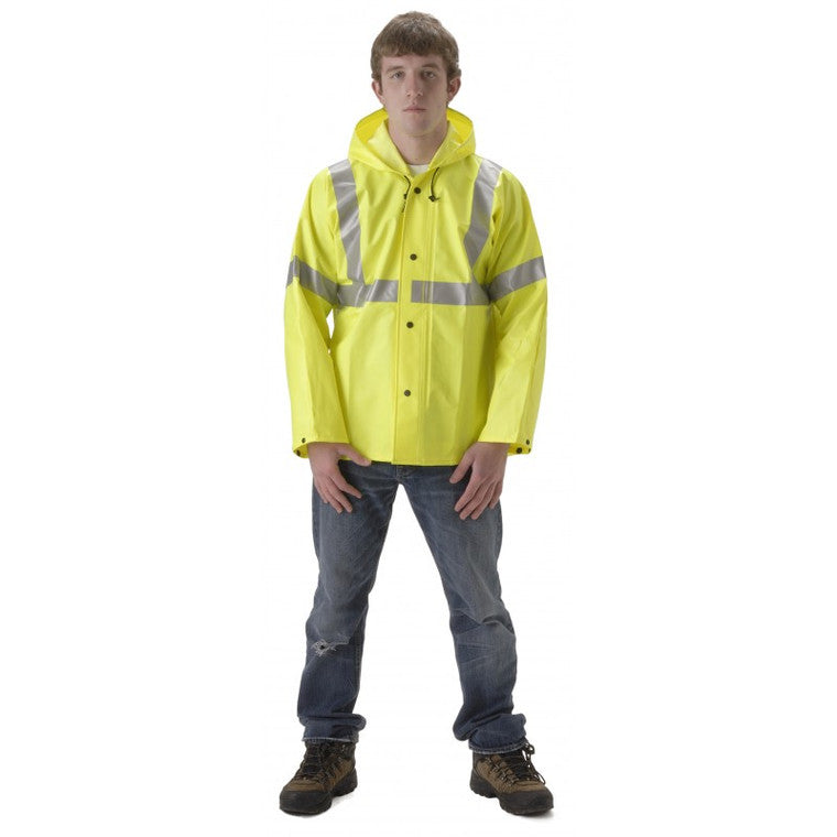 NASCO WorkChoice HiVis rain jacket with attached hood in Fluorescent Yellow