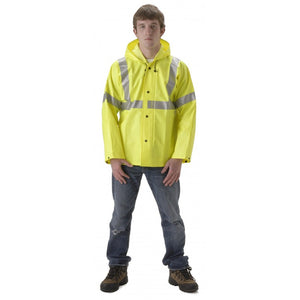 NASCO WorkChoice HiVis rain jacket with attached hood in Fluorescent Yellow