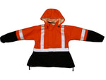 NASCO Omega women's FR rain jacket in Navy and Fluorescent Orange, front view