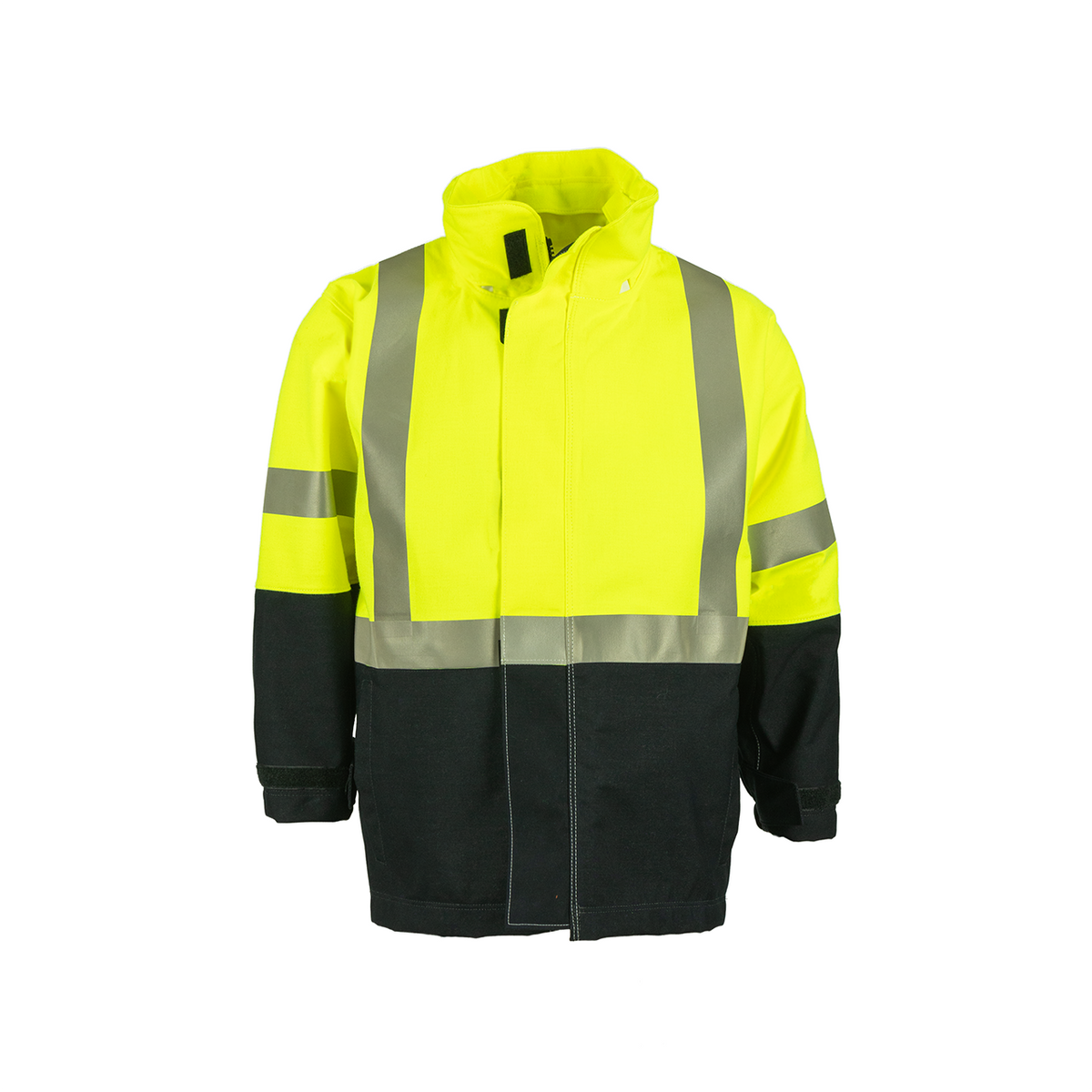 NASCO Omega FR rain jacket in Navy and Fluorescent Yellow, front view
