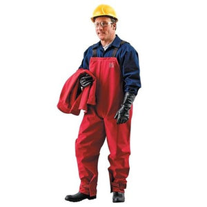 Person wearing a red coverall with a yellow hard hat on a white background
