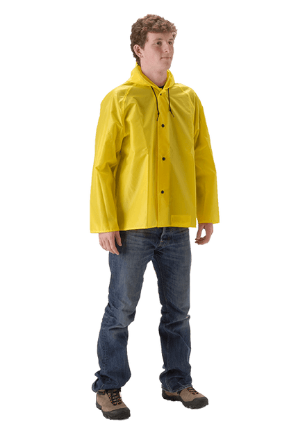 NASCO WorkLite rain jacket with attached hood, pockets and zipper in Yellow
