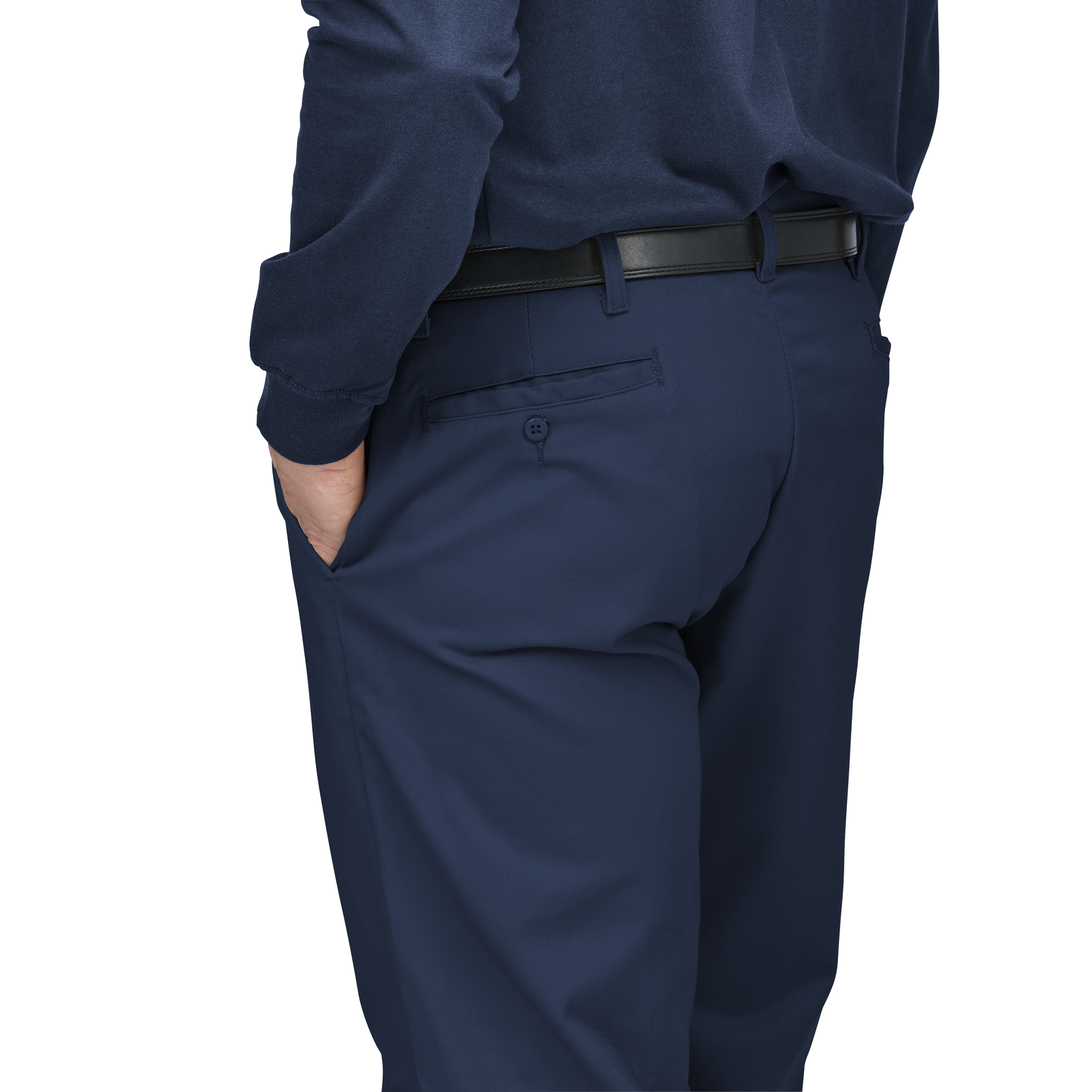 Bulwark FR Navy blue pants with a black belt on a white background