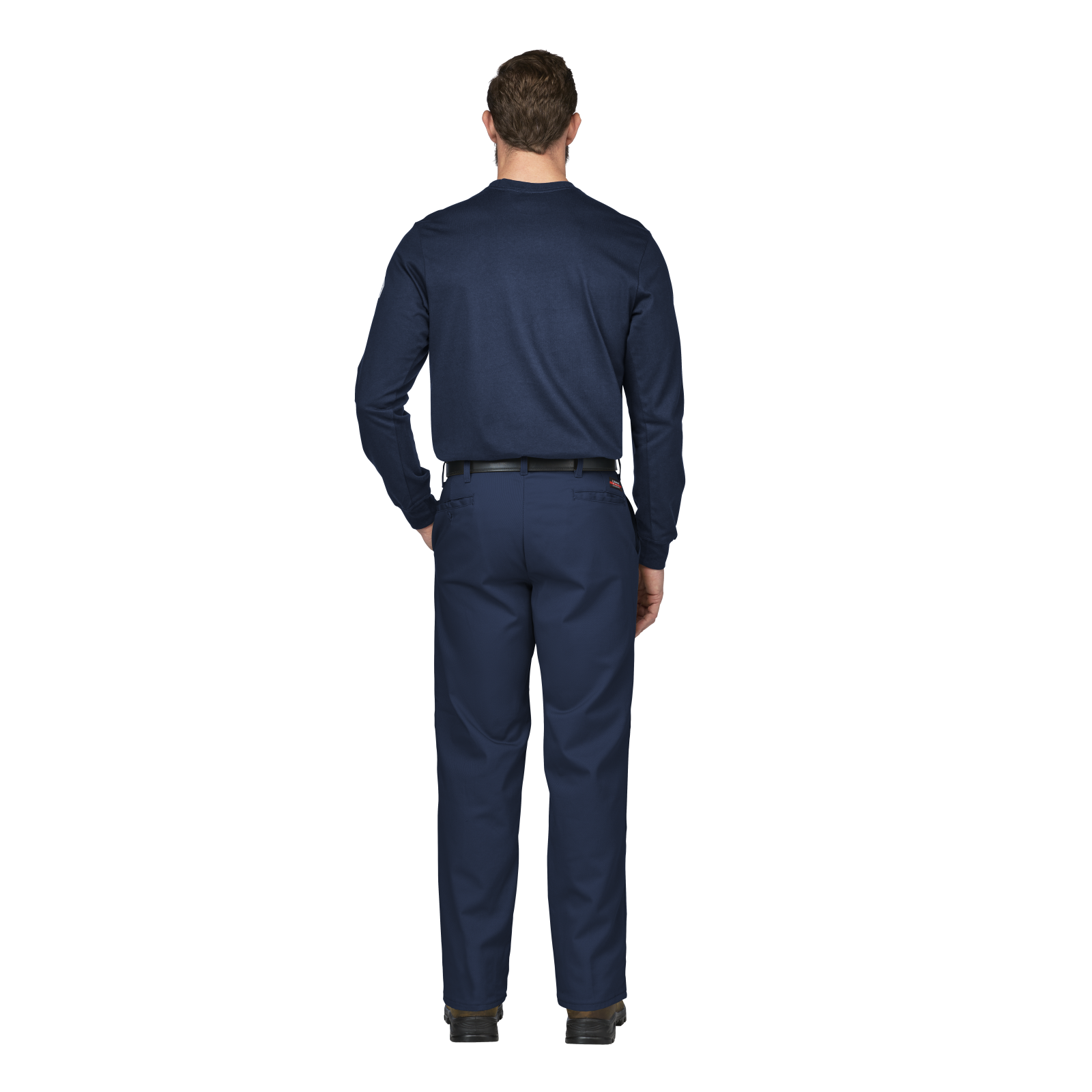 Man wearing a Bulwark FR navy blue outfit on a white background
