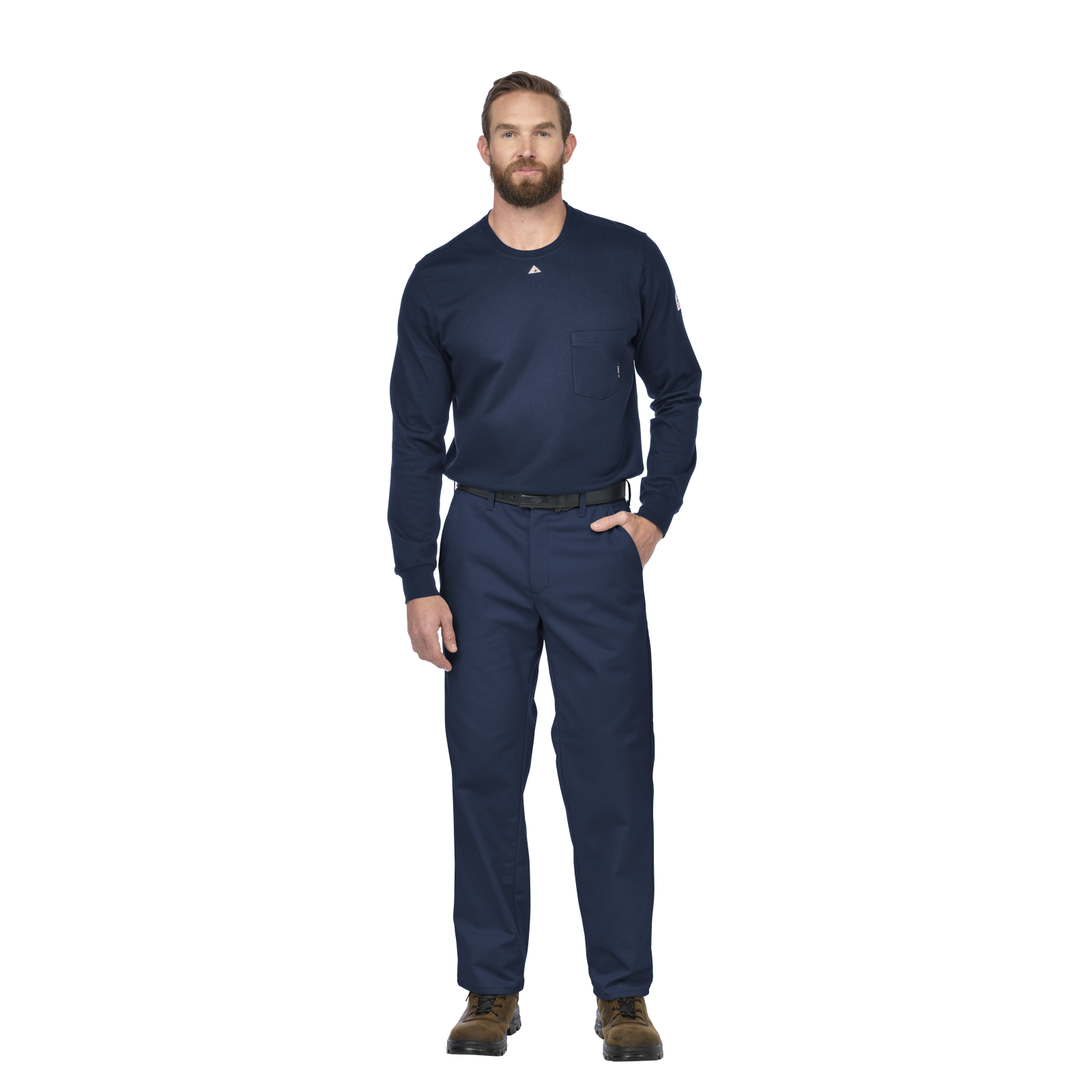 Man wearing a navy blue Bulwark FR outfit with a logo on a white background