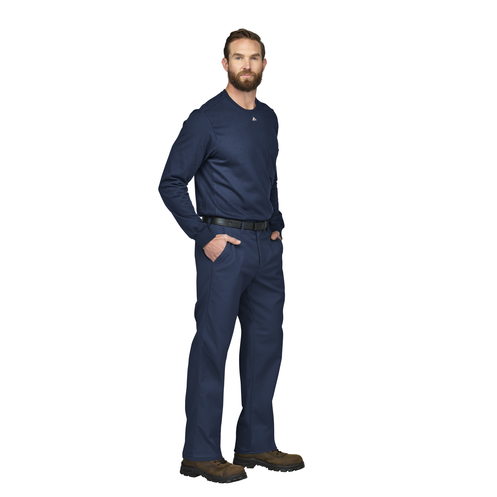 Man wearing a Bulwark FR navy blue long-sleeve shirt and pants on a white background