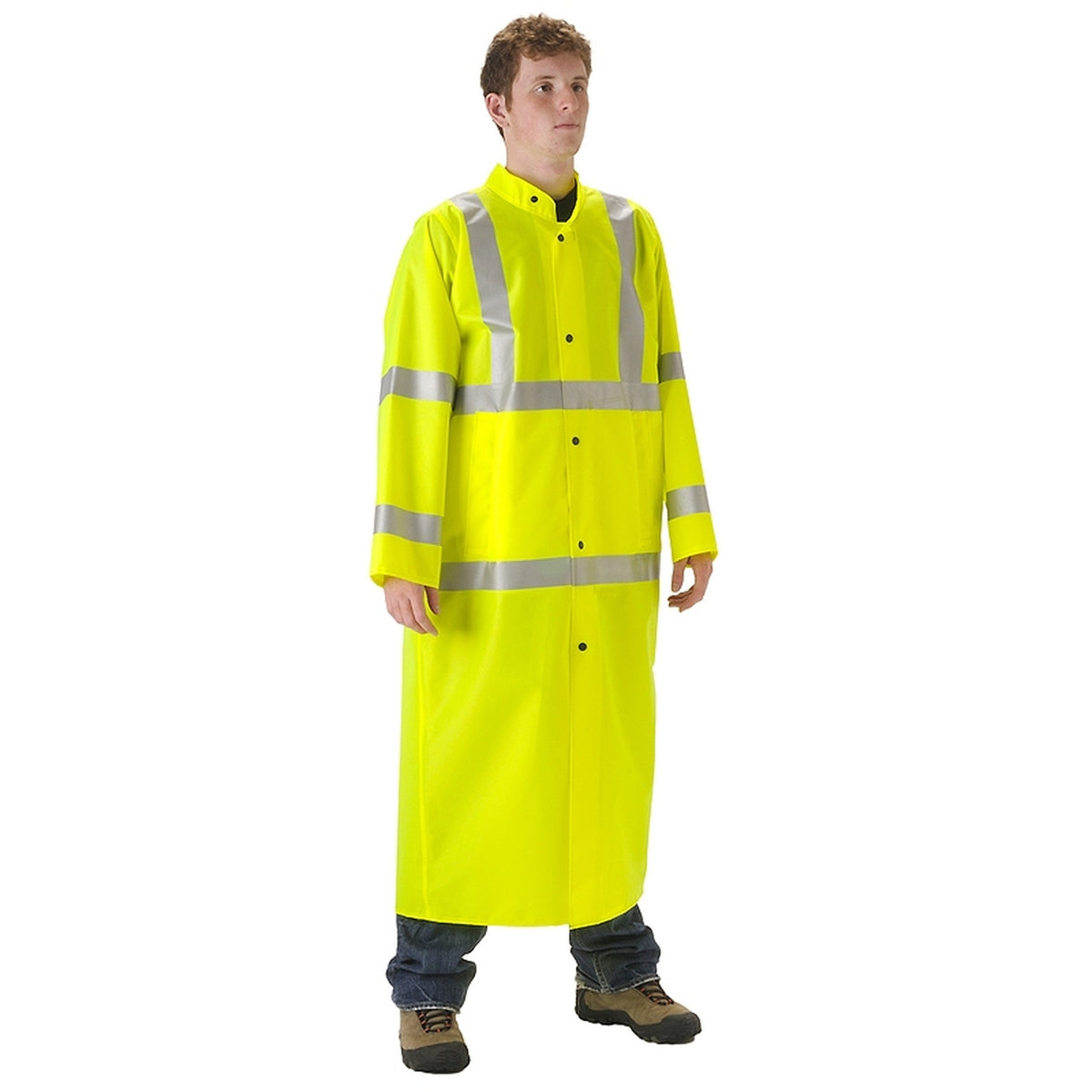 NASCO WorkLite HiVis rain coat in Fluorescent Yellow, worn view