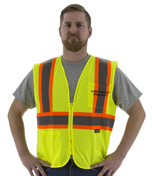 Northeast Precast Logo - High Visibility Yellow Mesh Safety Vest - ANSI 2, DOT Striping, Zipper Close