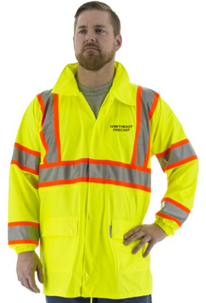 Northeast Precast Logo - High Visibility Waterproof Rain Jacket - Standard Length, ANSI 3, DOT Striping, Hi Vis Yellow