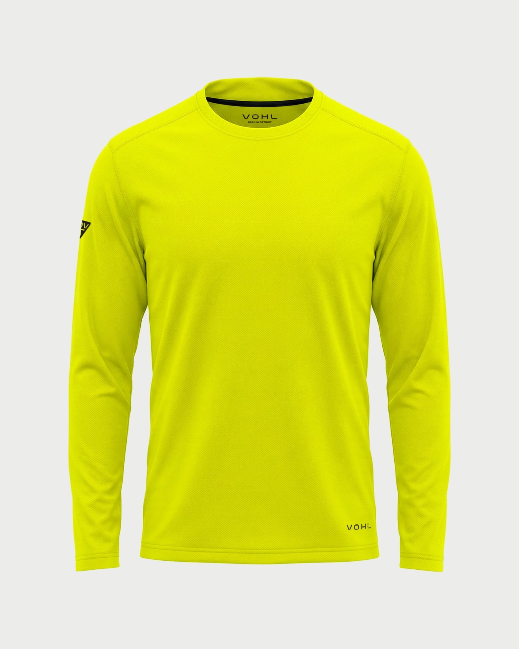 Vohl Hi Vis Long Sleeve T-Shirt – Safety Yellow – SKU HV-LS-100, front view with crew neck and athletic fit | color:Safety Yellow