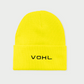 Vohl Hi Vis Beanie in Safety Yellow, back view with black embroidered VOHL wordmark - SKU AC-BN-100-OS | color:Safety Yellow