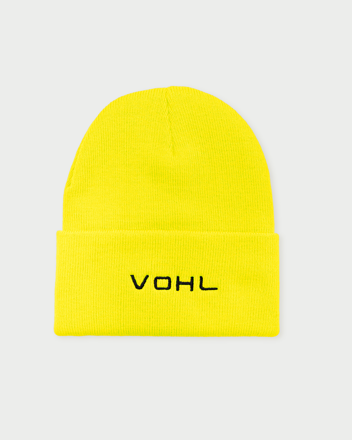 Vohl Hi Vis Beanie in Safety Yellow, back view with black embroidered VOHL wordmark - SKU AC-BN-100-OS | color:Safety Yellow