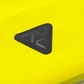 Close-up of Vohl Hi Vis Beanie in Safety Yellow showing black triangular logo patch and knit texture - SKU AC-BN-100-OS | color:Safety Yellow