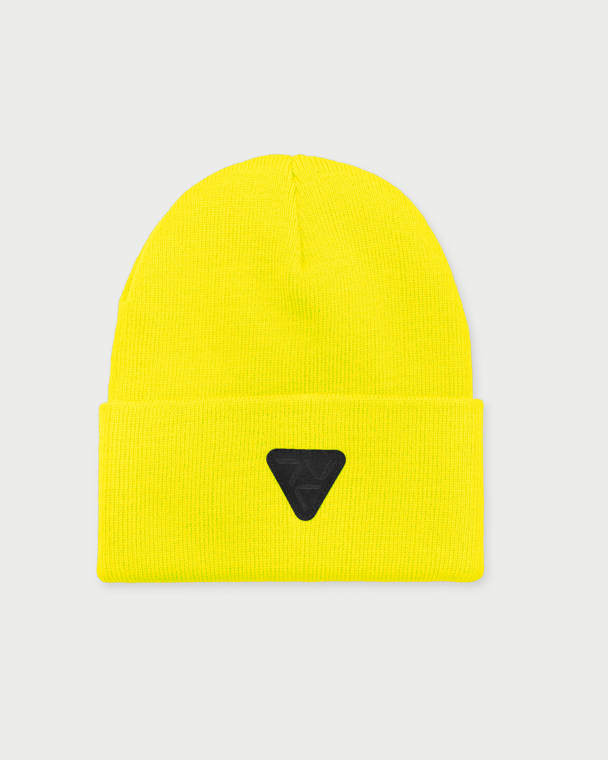 Vohl Hi Vis Beanie in Safety Yellow, front view with black triangular logo patch on folded cuff - SKU AC-BN-100-OS | color:Safety Yellow