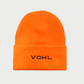 Vohl Hi Vis Beanie in Safety Orange, back view with black embroidered VOHL wordmark - SKU AC-BN-200-OS | color:Safety Orange