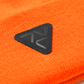 Close-up of Vohl Hi Vis Beanie in Safety Orange showing black triangular logo patch and knit texture - SKU AC-BN-200-OS | color:Safety Orange