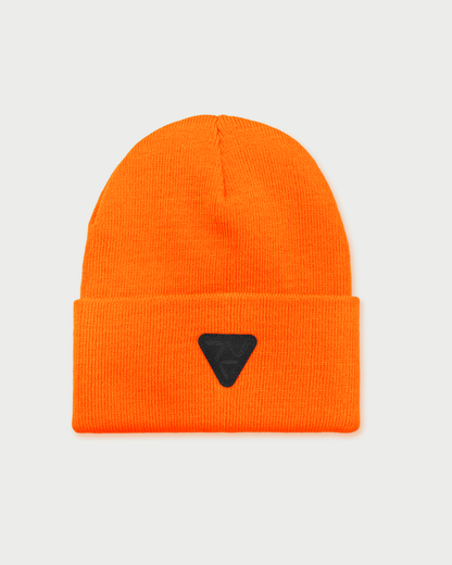 Vohl Hi Vis Beanie in Safety Orange, front view with black triangular logo patch on folded cuff - SKU AC-BN-200-OS | color:Safety Orange