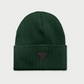 Vohl Beanie in Deep Forest Green, front view with black triangular logo patch on folded cuff - SKU AC-BN-400-OS | color:Deep Forest Green