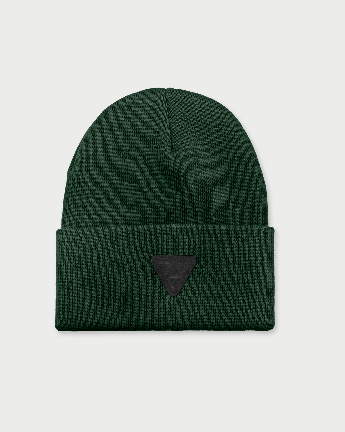 Vohl Beanie in Deep Forest Green, front view with black triangular logo patch on folded cuff - SKU AC-BN-400-OS | color:Deep Forest Green