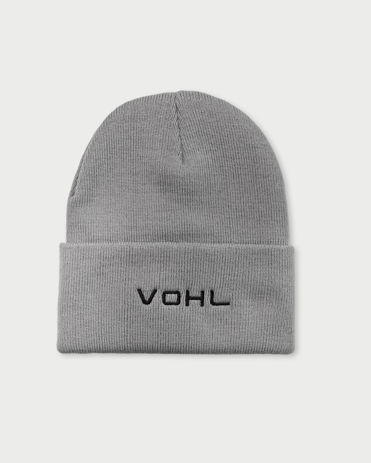Vohl Beanie in Pewter, back view with black embroidered VOHL wordmark - SKU AC-BN-700-OS | color:Pewter