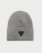 Vohl Beanie in Pewter, front view with black triangular logo patch on folded cuff - SKU AC-BN-700-OS | color:Pewter