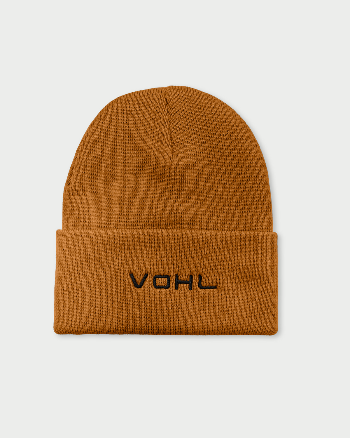 Vohl Beanie in Tobacco, back view with black embroidered VOHL wordmark - SKU AC-BN-800-OS | color:Tobacco