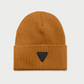 Vohl Beanie in Tobacco, front view with black triangular logo patch on folded cuff - SKU AC-BN-800-OS | color:Tobacco