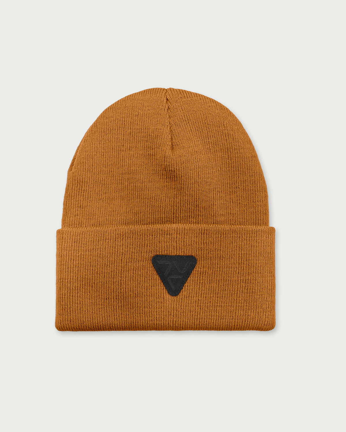 Vohl Beanie in Tobacco, front view with black triangular logo patch on folded cuff - SKU AC-BN-800-OS | color:Tobacco