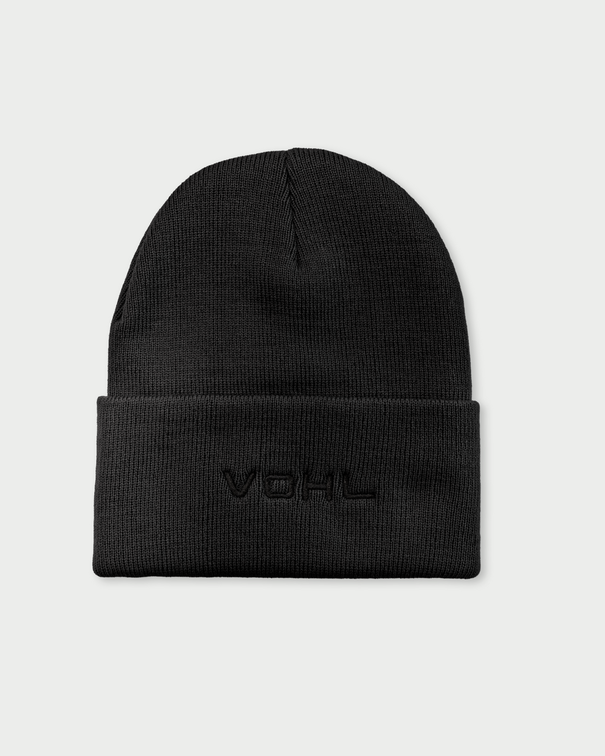 Vohl Beanie in Black, back view with tonal embroidered VOHL wordmark - SKU AC-BN-900-OS | color:Black
