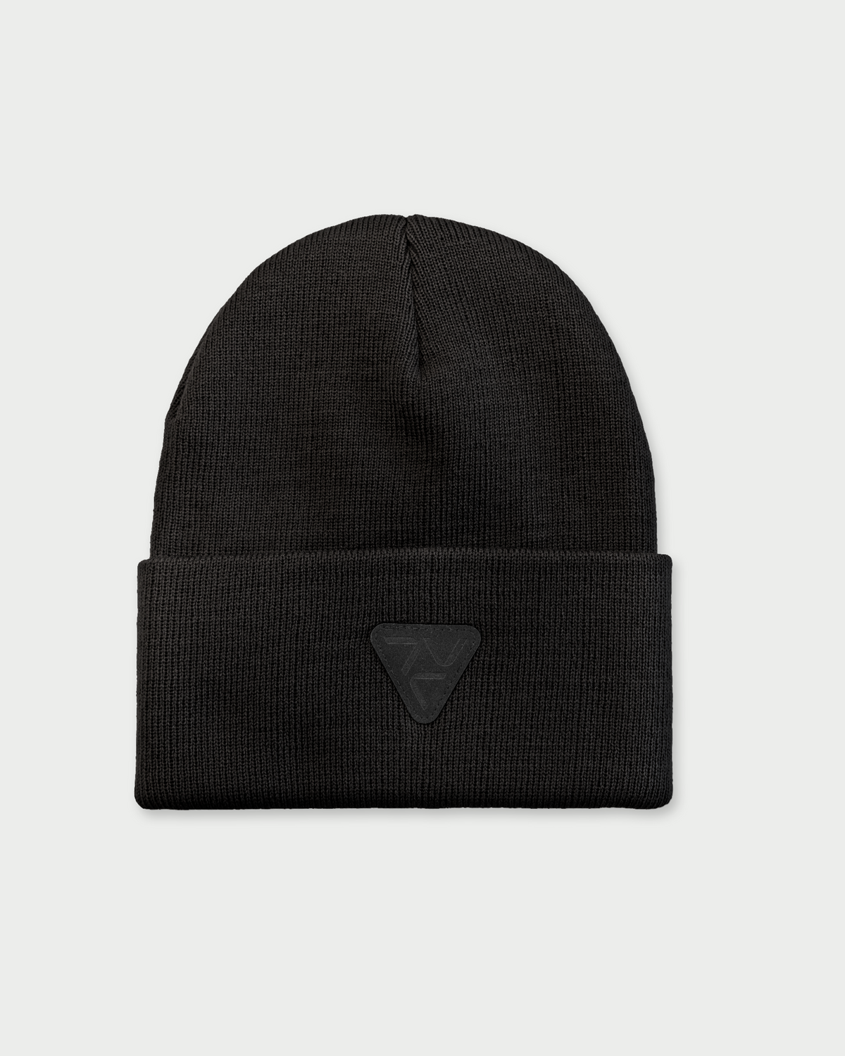 Vohl Beanie in Black, front view with tonal triangular logo patch on folded cuff - SKU AC-BN-900-OS | color:Black
