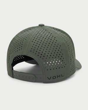 Back-angle view of green Vohl Cap with perforated panels, adjustable snapback and embroidered logo - SKU AC-CV-400-OS | color:Green