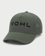 Front-angle view of green Vohl Cap with black embroidered Vohl logo, curved brim and perforated side panels - SKU AC-CV-400-OS | color:Green