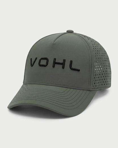 Front-angle view of green Vohl Cap with black embroidered Vohl logo, curved brim and perforated side panels - SKU AC-CV-400-OS | color:Green