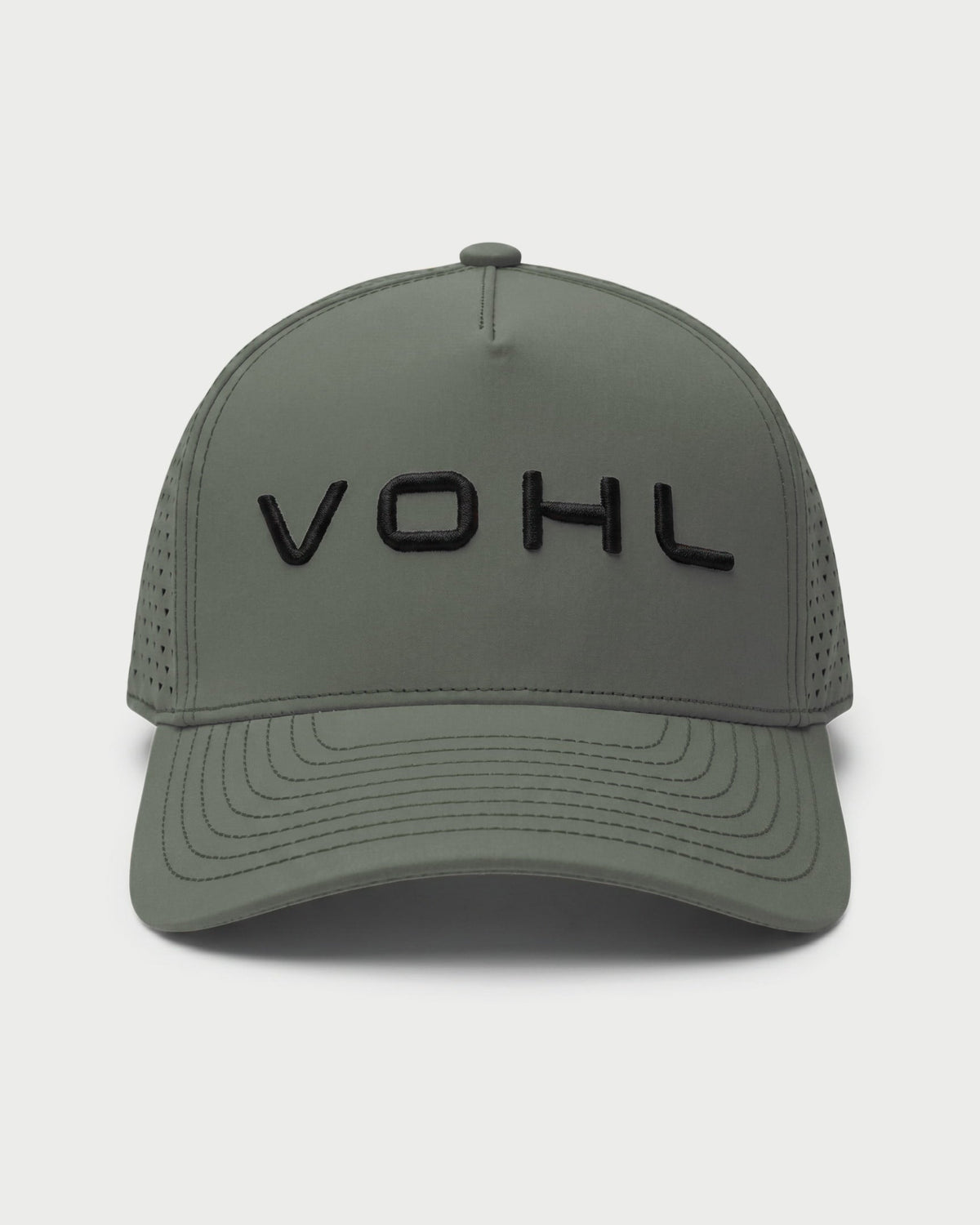Front view of green Vohl Cap with black embroidered Vohl logo and curved stitched brim - SKU AC-CV-400-OS | color:Green