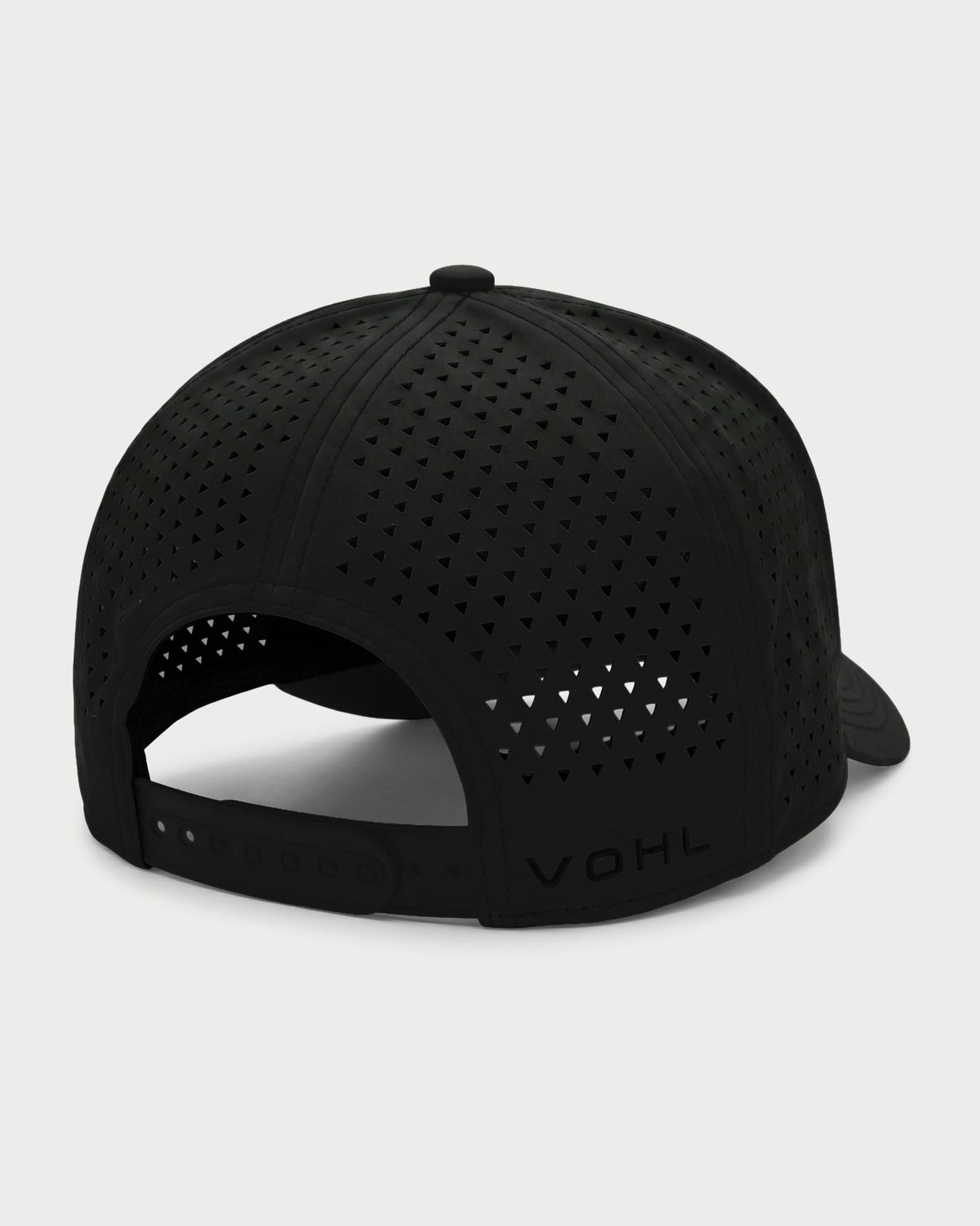 Back-angle view of black Vohl Cap with perforated panels, adjustable snapback and embroidered logo - SKU AC-CV-900-OS | color:Black