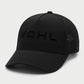 Front-angle view of black Vohl Cap with tonal embroidered Vohl logo, curved brim and perforated side panels - SKU AC-CV-900-OS | color:Black